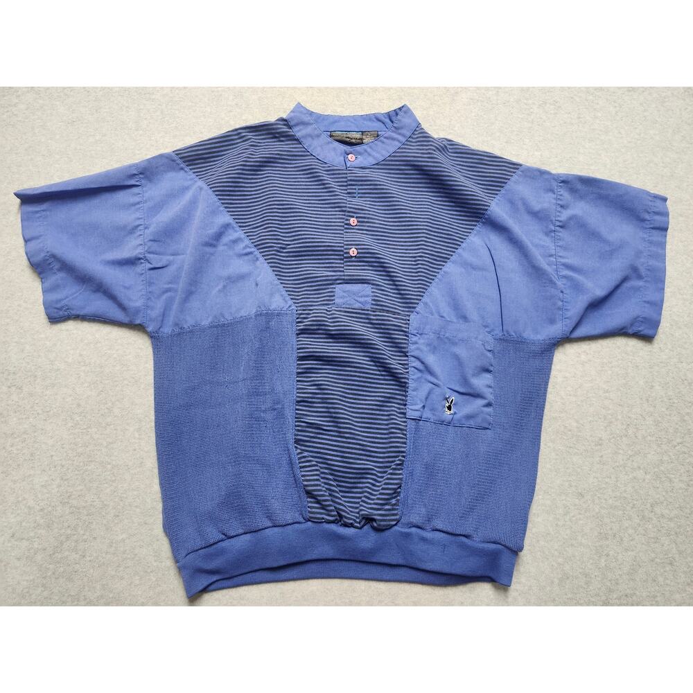 Vintage Playboy Shirt Mens M Blue Colorblock Knit Pullover Bunny Logo Flawed